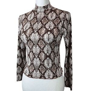 Olivia Rae Snakeskin Print Mock Neck stretch Blouse Brown White Size Small